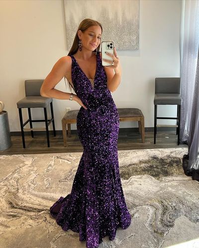 Purple Mermaid Deep V Neck Sequins Long Prom Dresses