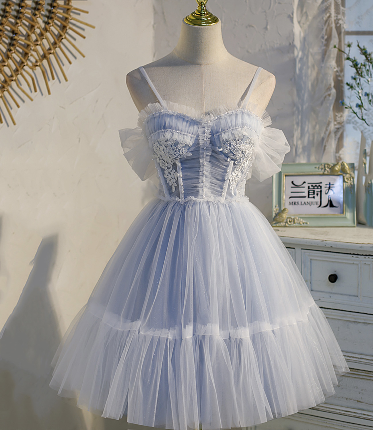 Blue tulle lace short prom dress homecoming dress