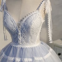 Blue lace short A line prom dress homecoming dress - Thumbnail 1