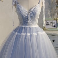 Blue lace short A line prom dress homecoming dress - Thumbnail 2