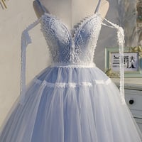 Blue lace short A line prom dress homecoming dress - Thumbnail 3