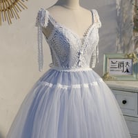 Blue lace short A line prom dress homecoming dress - Thumbnail 5