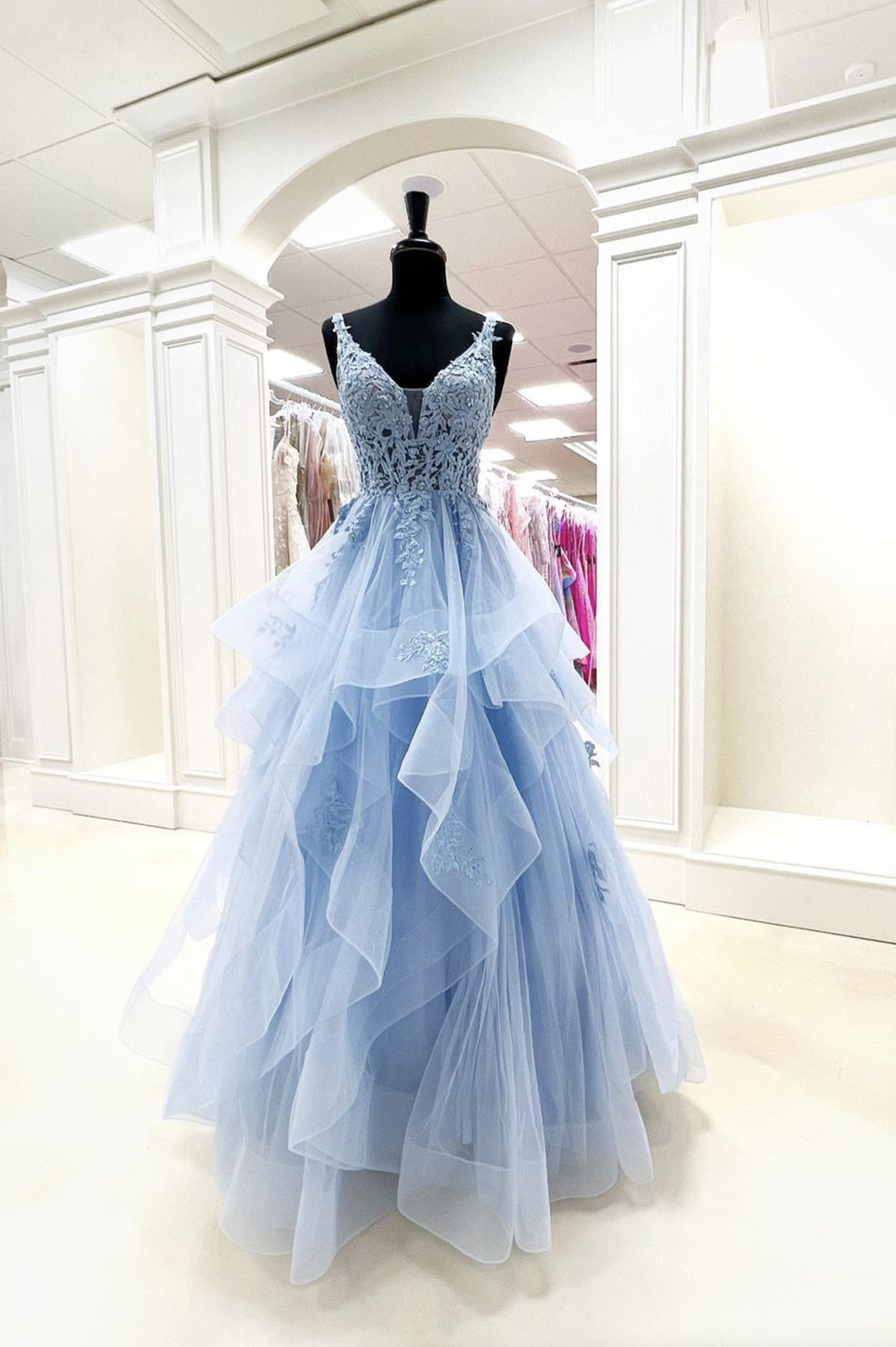 Blue tulle lace long prom dress A line evening dress