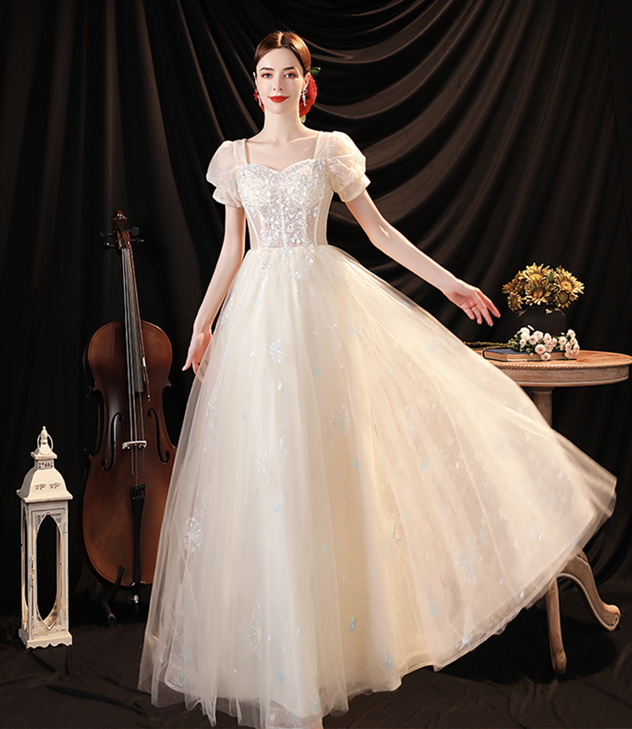 Champagne tulle sequins long prom dress evening dress