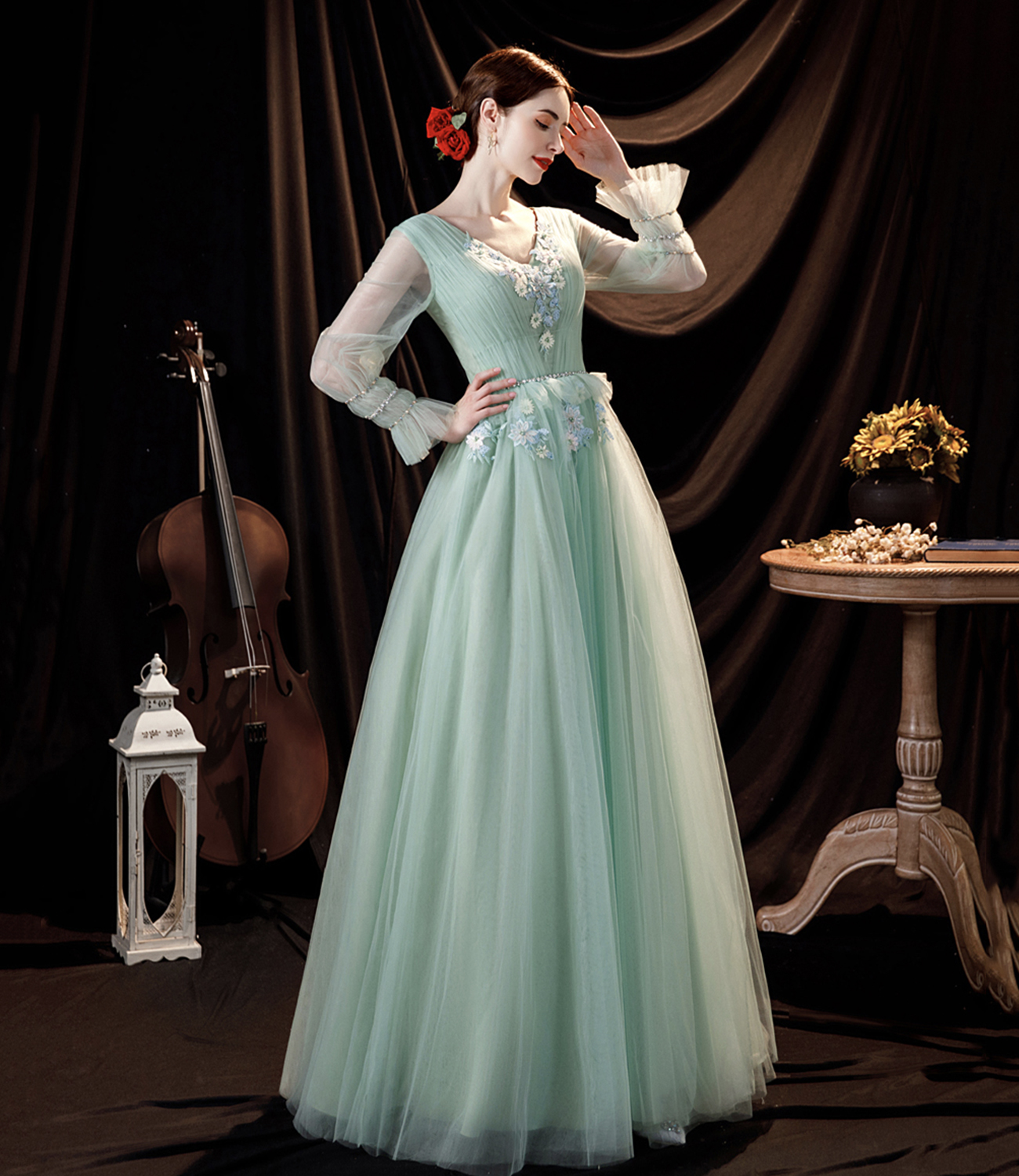 Green tulle lace long prom dress green evening dress