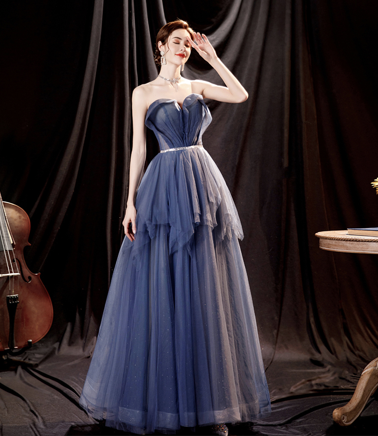 Blue tulle long A line prom dress blue evening dress