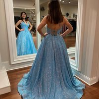 Cute Ball Gown V Neck Light Blue Sequins Prom Dress - Thumbnail 1