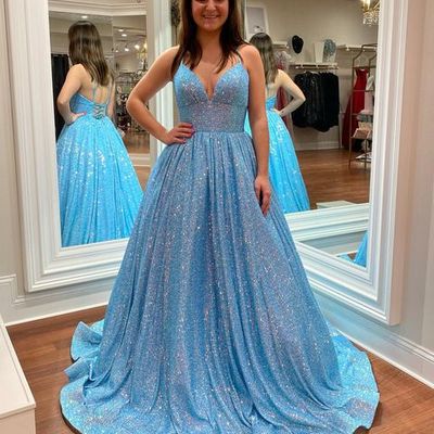 Cute ball gown v neck light blue sequins prom dress - Thumbnail 3