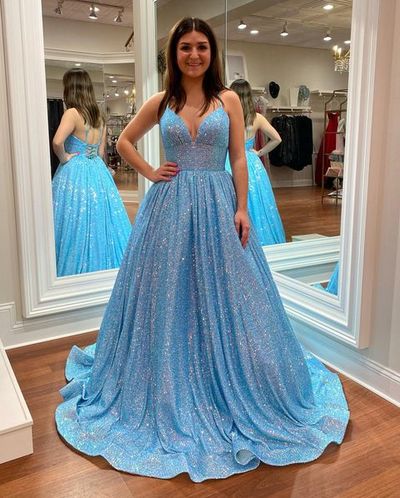 Cute Ball Gown V Neck Light Blue Sequins Prom Dress