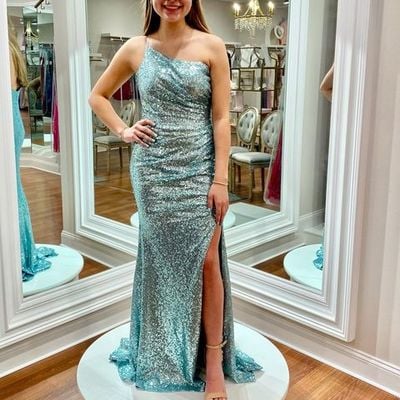 2022 fashion sage green sequins prom dress with slit - Thumbnail 2