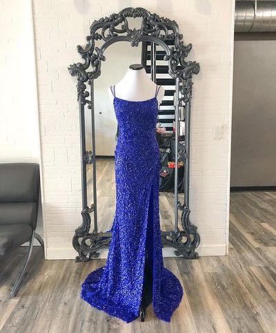 Sparkly Mermaid Scoop Neck Royal Blue Sequins Long Prom Dresses with Slit