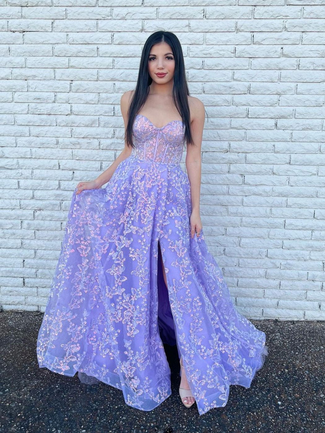 Purple tulle lace long prom dress A line evening dress