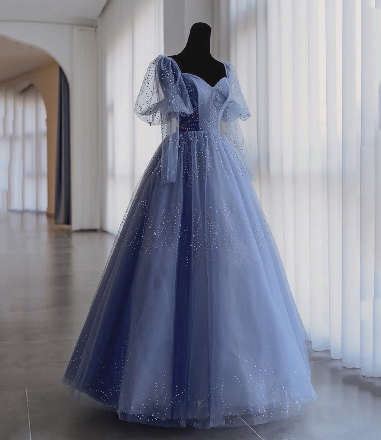 Blue tulle beads long prom dress blue evening dress