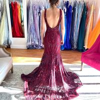 Stunning Mermaid V Neck Burgundy Sequins Lace Prom Dress - Thumbnail 1