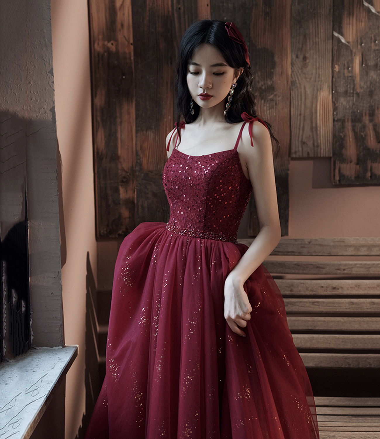 Burgundy tulle sequins long prom dress evening dress