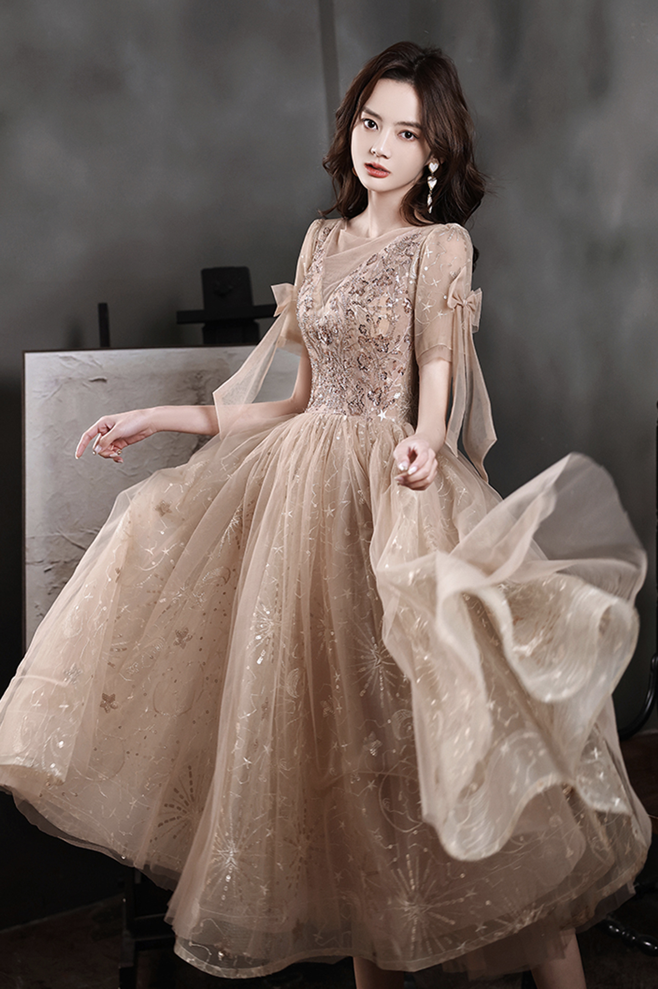 Cute tulle sequins short A line prom dress homecoming dress