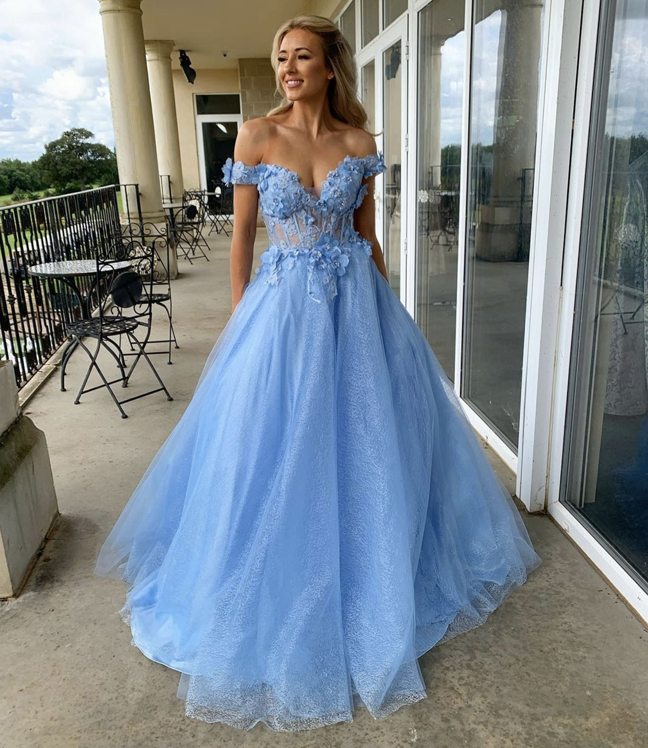 Blue tulle lace long prom dress blue evening dress