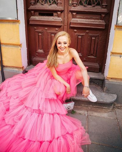 Gorgeous A-Line Starpless Pink Tulle High Low Prom Evening Dresses Formal Party Dresses