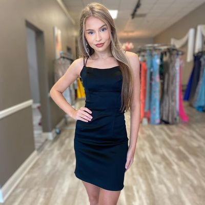 Stylish bodycon scoop neck black satin short homecoming dresses prom evening dresses - Thumbnail 2