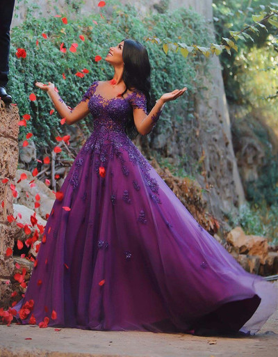 SP1975,Charming purple prom dress off the shoulder tulle prom dresses applique long evening formal gown