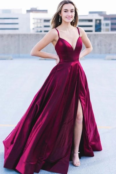 SP1977,Burgundy a-line prom dress satin v-neck long evening dresses split formal gown