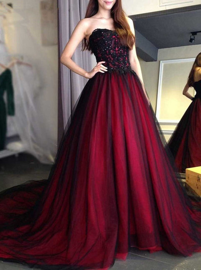 SP1981,Classic red and black a-line prom dresses sleeveless applique tulle evening party dresses