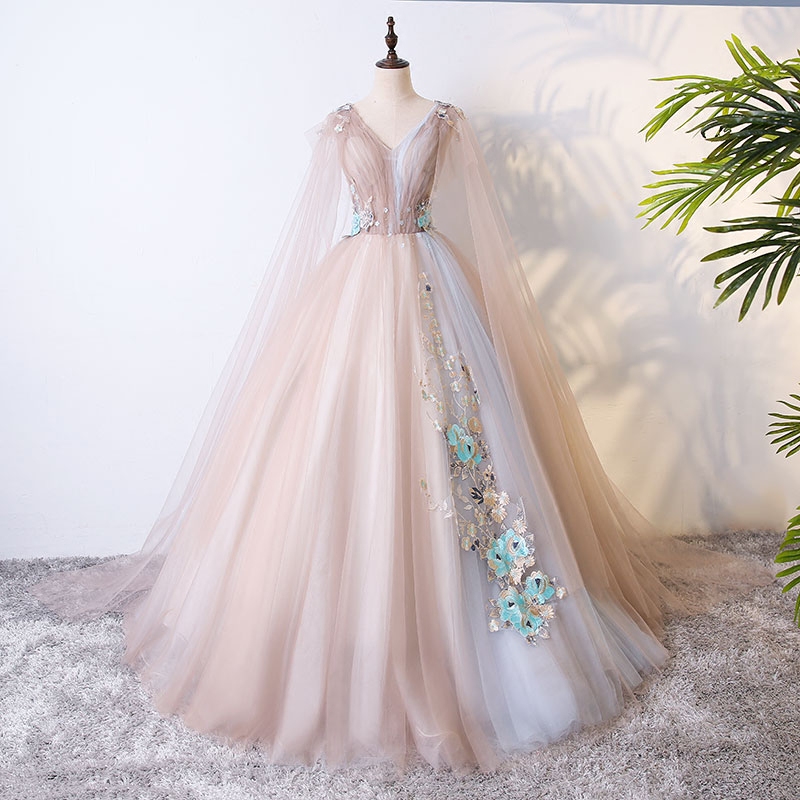 Cute tulle lace long prom dress A line formal dress