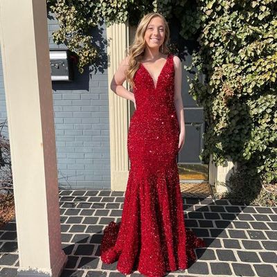 Sparkly mermaid v neck red sequins long prom dresses - Thumbnail 2