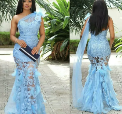 One Shoulder Lace Prom Dresses Blue Mermaid
