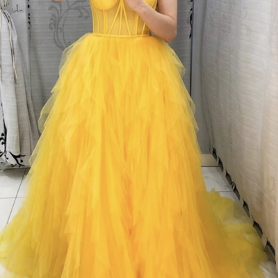 Spaghetti straps prom dresses corset yellow - Thumbnail 1