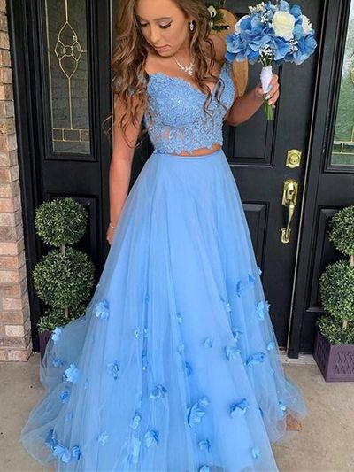 SP1367,Blue Two Piece Prom Dress Lace Bodice Flowers V Neck Tulle Formal Evening Dresses Long Party Gowns
