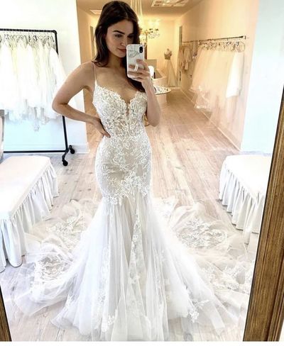 V Neck Mermaid Tulle Lace Wedding Dress with Train,756