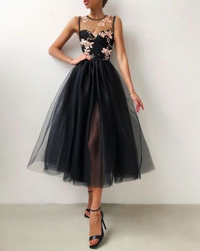 Lovely long prom dress Flower Embroidered Mesh Slit Front Evening Dress,760