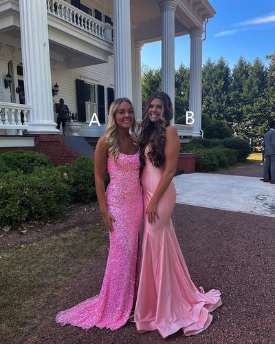 Sparkly Mermaid Scoop Neck Pink Sequin Long Prom Dresses,762