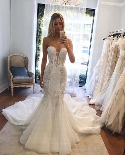 Sexy Deep V-Neck Beading Wedding Dress,Off the shoulder Mermaid Lace Bridal Dress With Long Train,1293
