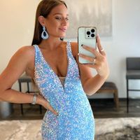 Stunning Mermaid V Neck Light Blue Sequins Prom Dress - Thumbnail 1