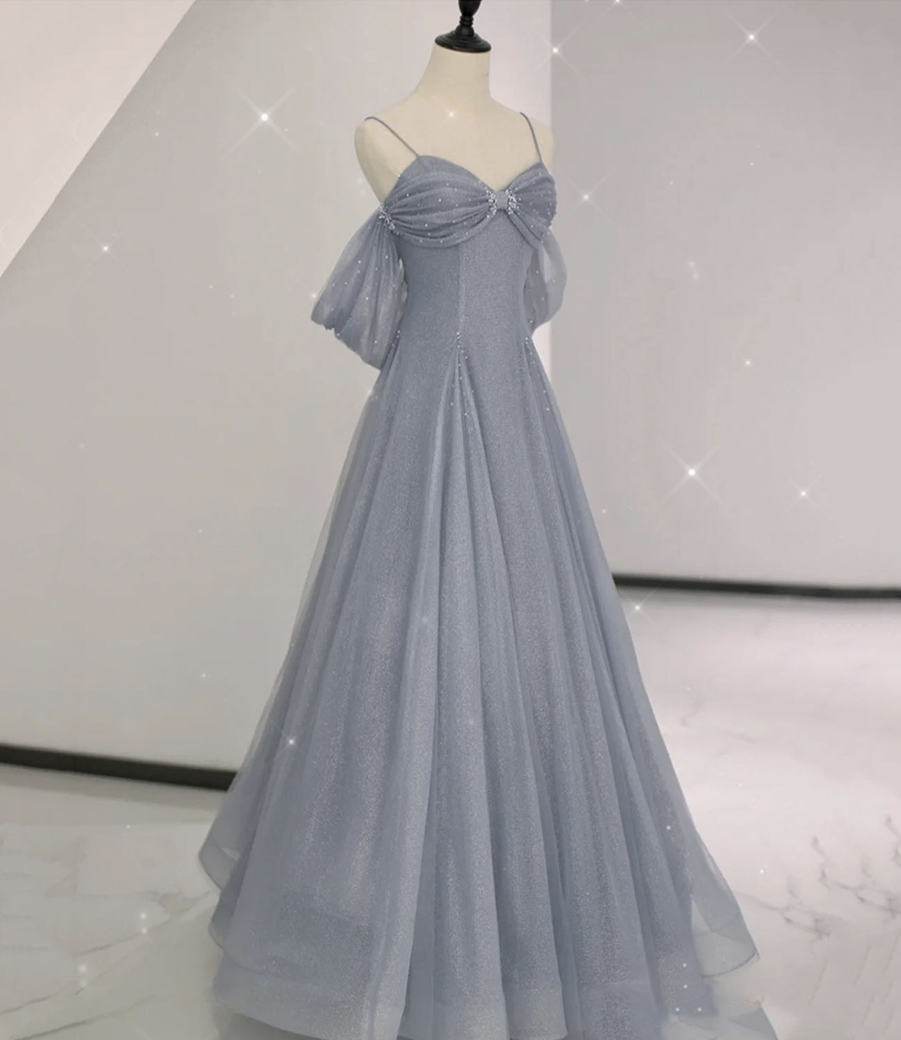 Gray tulle sequins long prom dress gray evening dress