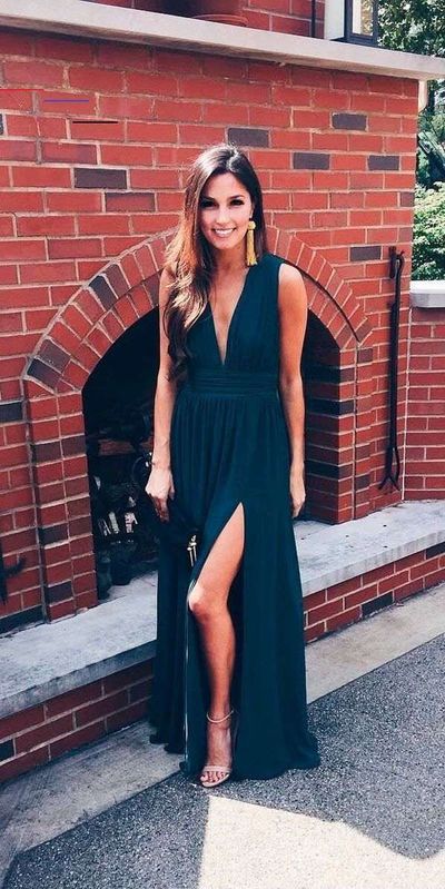 Stylish A-Line Deep V Neck Navy Blue Chiffon Long Prom Dresses with Side Split,Sexy Evening Party Dresses,768