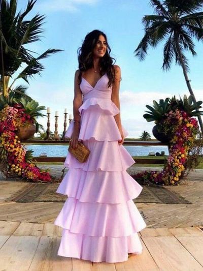 Chic A-Line V Neck Open Back Pink Satin Tiered Long Prom Dresses,769