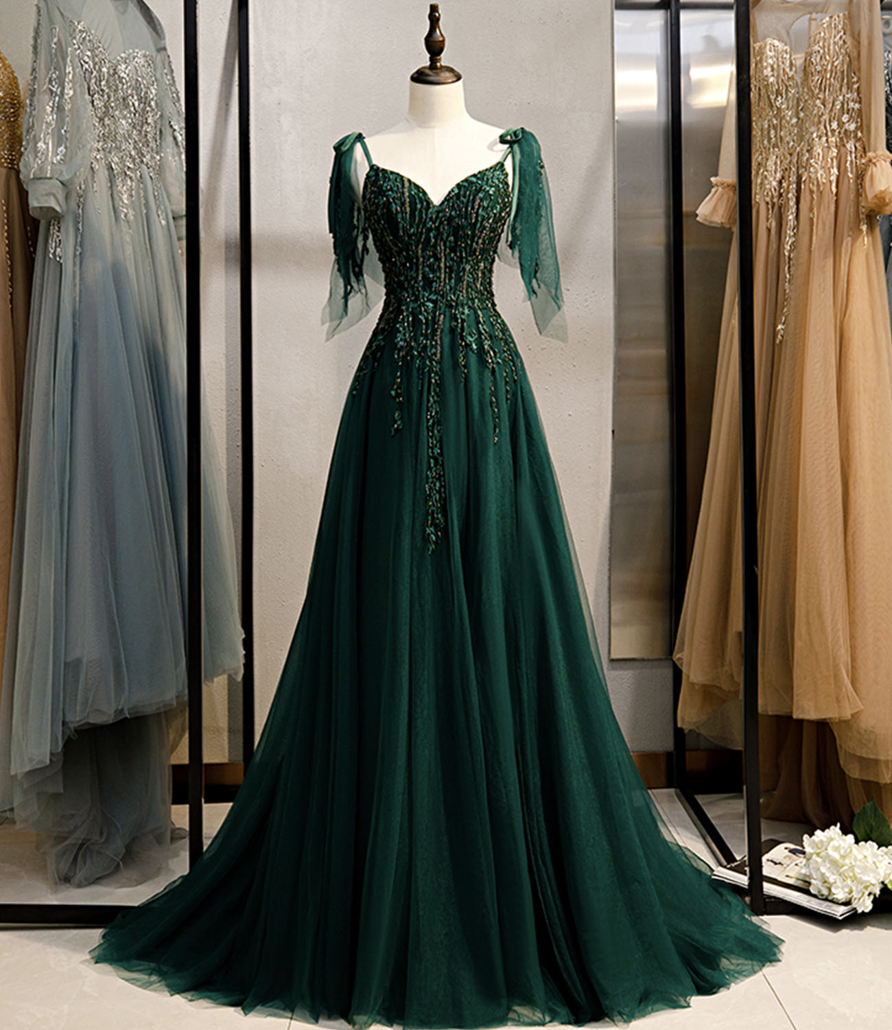 Green tulle lace long prom dress green evening dress