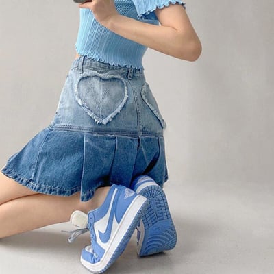 Vintage Heart Fringed Denim Pleated Skirt