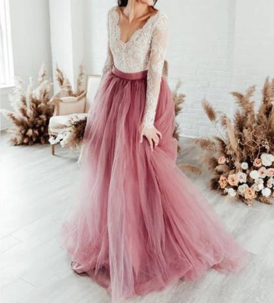 Sexy V-Neck Long Sleeve Wedding Dress for Winter Lace Applique Cheap Wedding Dress Tiered Sweet Tulle Boho Wedding Dress with Sash,1319