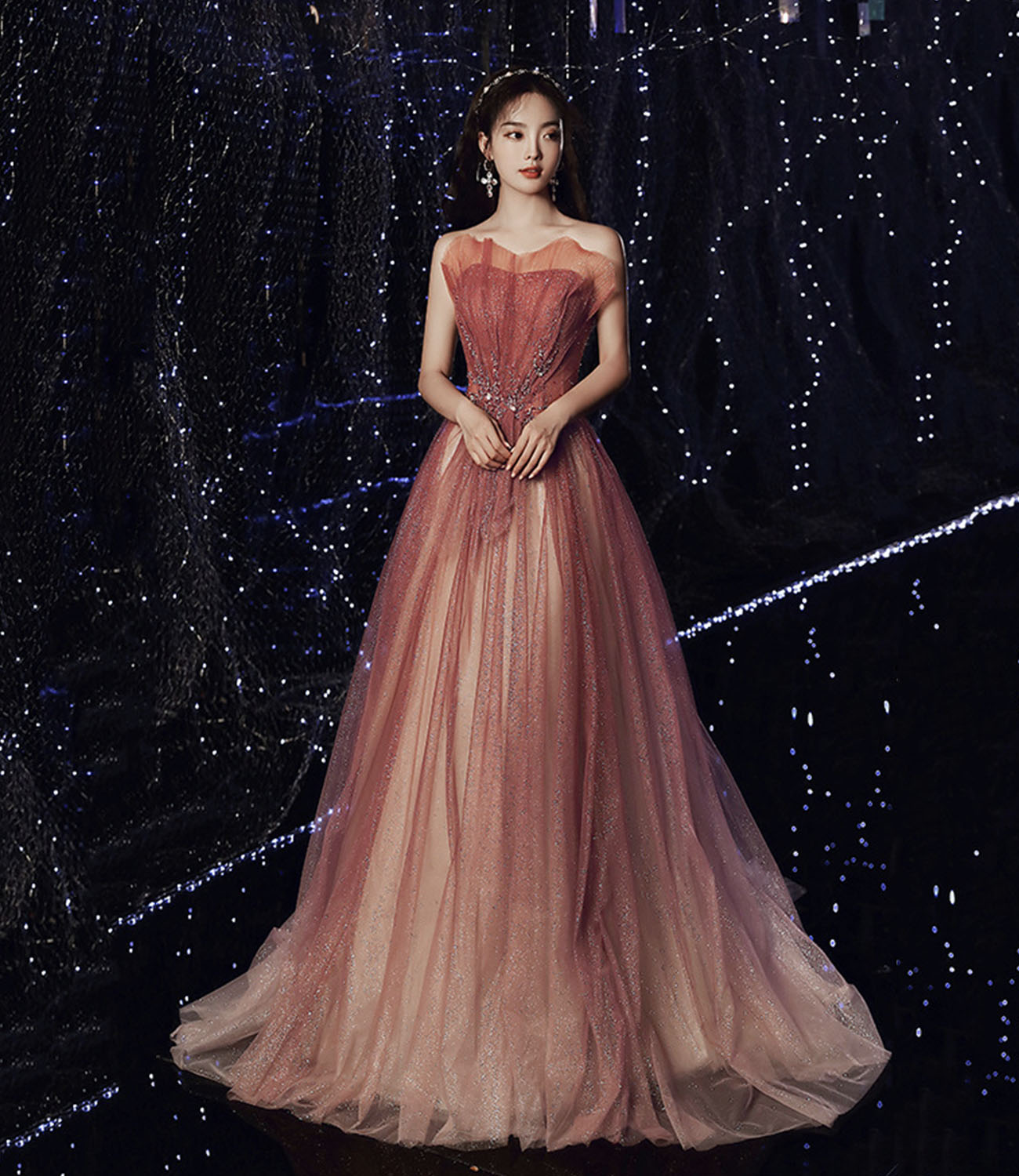 Burgundy tulle sequins long prom dress A line evening dress