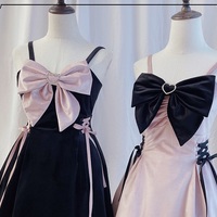 Bow Pretty Girl Black Pink Velvet Strap Skirt Dress - Thumbnail 4