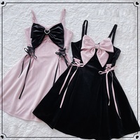 Bow Pretty Girl Black Pink Velvet Strap Skirt Dress - Thumbnail 5