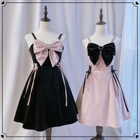 Bow Pretty Girl Black Pink Velvet Strap Skirt Dress - Thumbnail 3