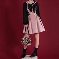 Bow Pretty Girl Black Pink Velvet Strap Skirt Dress - Thumbnail 8