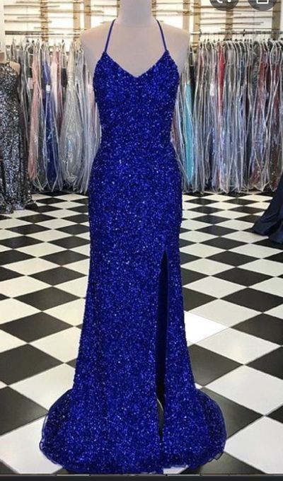 SP1992,Royal blue sequin mermaid prom dress halter long evening dresses