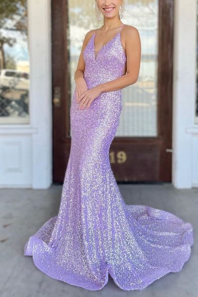 SP1995,Gorgeous trumpet lavender sequin mermaid prom dresses v-neck evening dress long formal gown