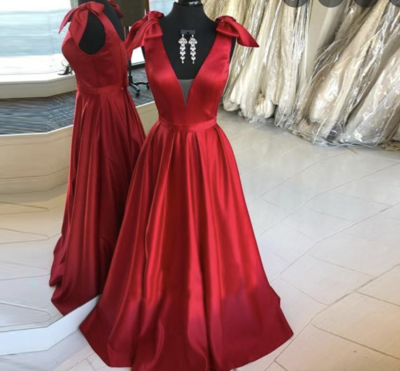 V Neck Red Prom Dresses with Bowknot